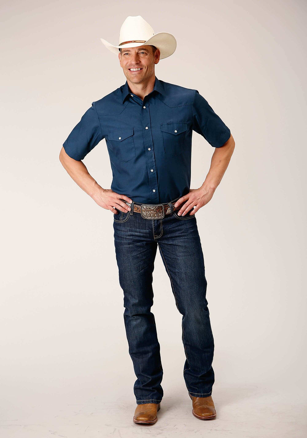 Roper Mens Short Sleeve Snap Solid Broadcloth Summer Navy Western Shirt - Roper - Flyclothing LLC