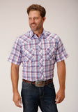 Roper Mens Short Sleeve Snap White Berry Light Blue Plaid Western Shirt - Roper