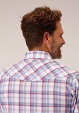 Roper Mens Short Sleeve Snap White Berry Light Blue Plaid Western Shirt - Roper