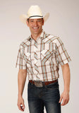 Roper Mens Short Sleeve Snap Cream Brown Green Lg Scale Plaid Western Shirt - Roper