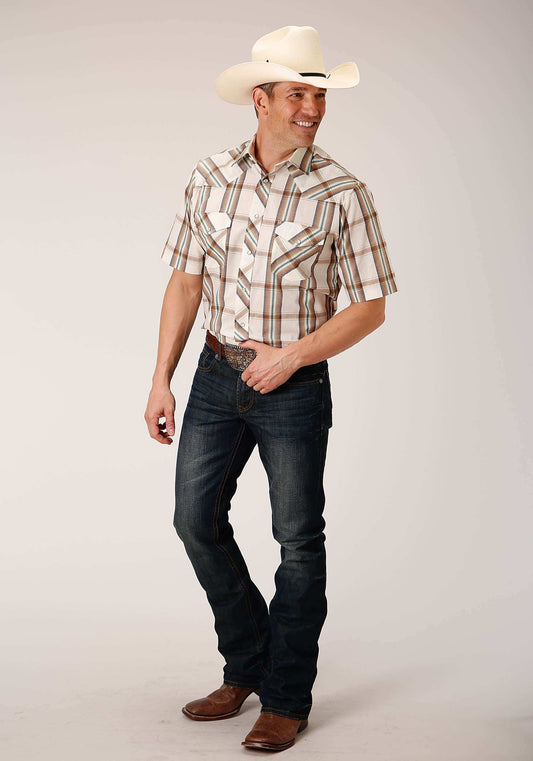 Roper Mens Short Sleeve Snap Cream Brown Green Lg Scale Plaid Western Shirt - Roper - Flyclothing LLC