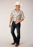 Roper Mens Short Sleeve Snap Cream Brown Green Lg Scale Plaid Western Shirt - Roper
