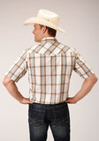 Roper Mens Short Sleeve Snap Cream Brown Green Lg Scale Plaid Western Shirt - Roper