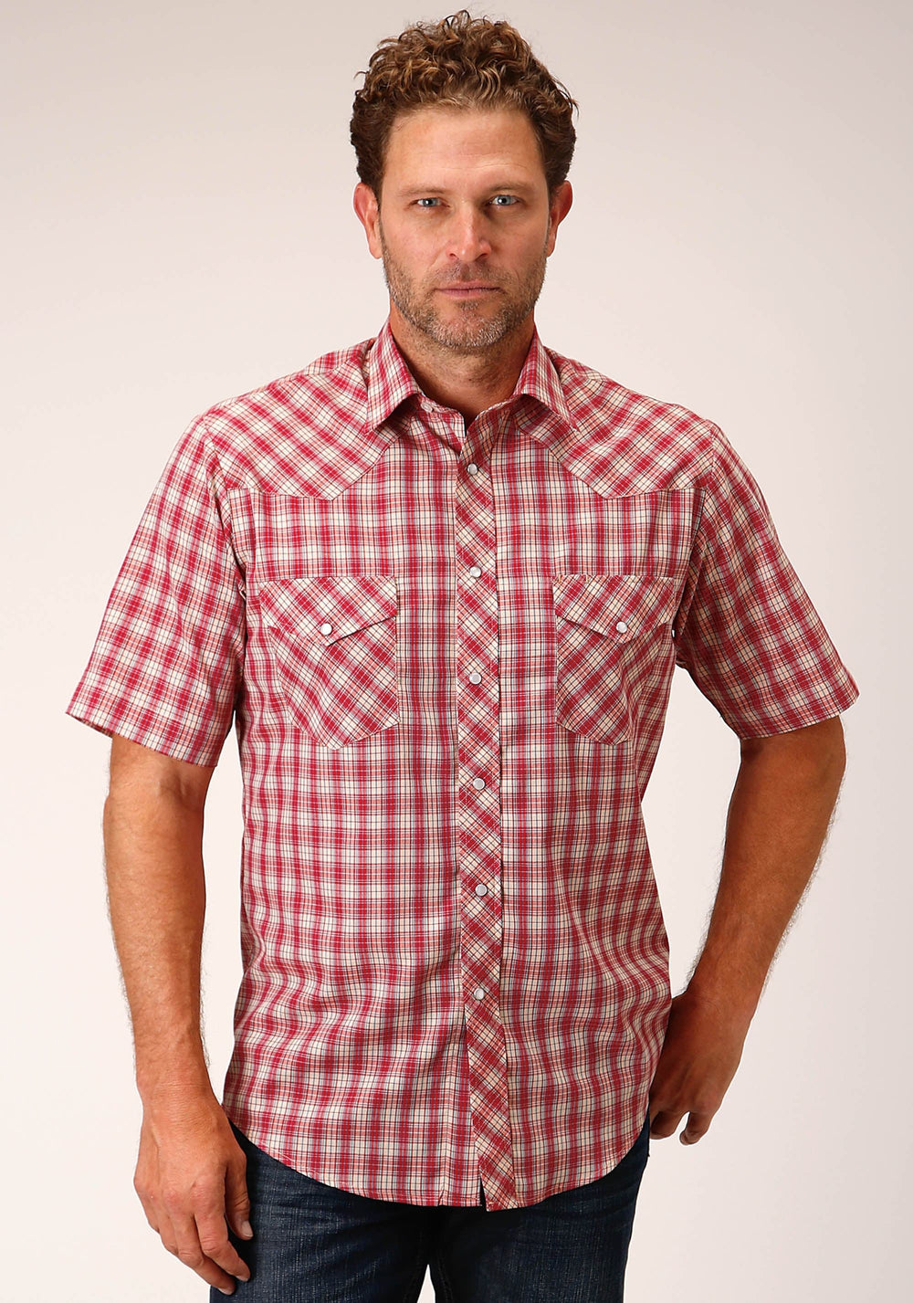 Roper Mens Short Sleeve Snap Red And Multi Colored Small Scale Western Shirt - Roper