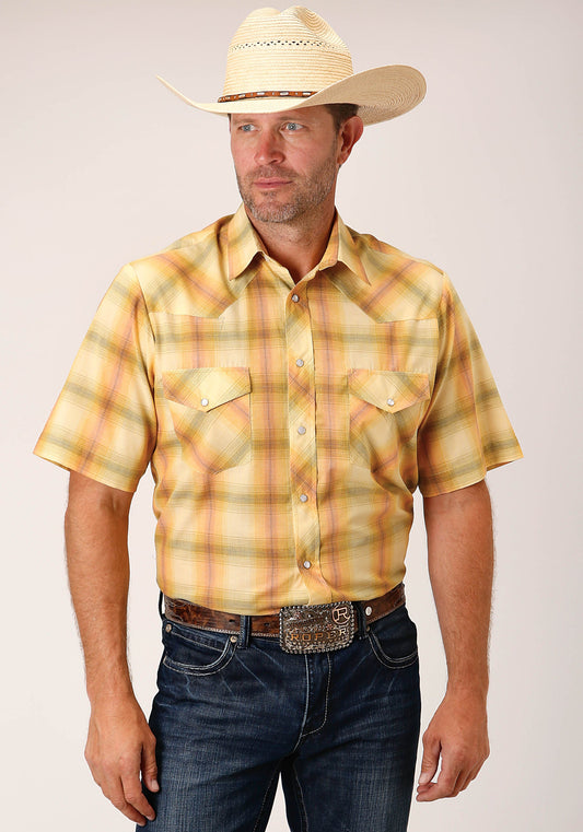 Roper Mens Short Sleeve Snap Yellow And Tangerine Plaid Western Shirt