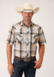 Roper Mens Short Sleeve Snap Black Khaki White Plaid Western Shirt - Roper