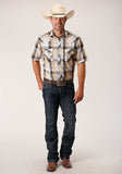 Roper Mens Short Sleeve Snap Black Khaki White Plaid Western Shirt - Roper