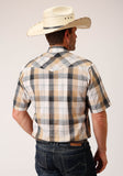 Roper Mens Short Sleeve Snap Black Khaki White Plaid Western Shirt - Roper