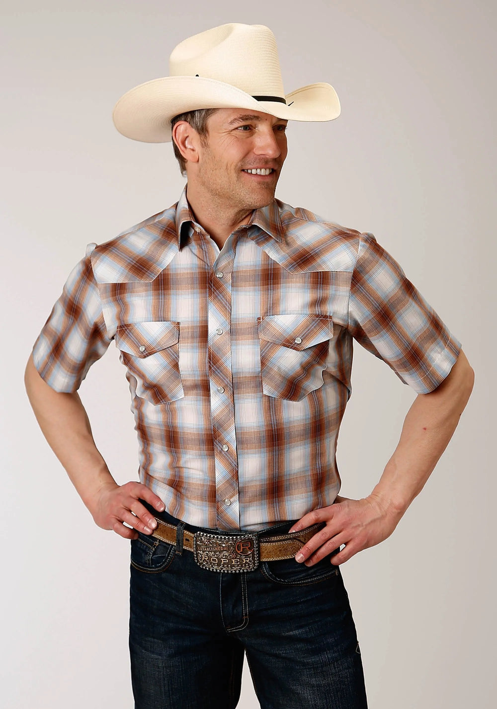 Roper Mens Short Sleeve Snap Butterscotch Light Blue And Cream Plaid Western Shirt - Roper