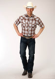 Roper Mens Short Sleeve Snap Butterscotch Light Blue And Cream Plaid Western Shirt - Roper