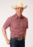 Roper Mens Short Sleeve Snap Red Navy Cream Small Scale Plaid Western Shirt - Roper