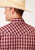 Roper Mens Short Sleeve Snap Red Navy Cream Small Scale Plaid Western Shirt - Roper