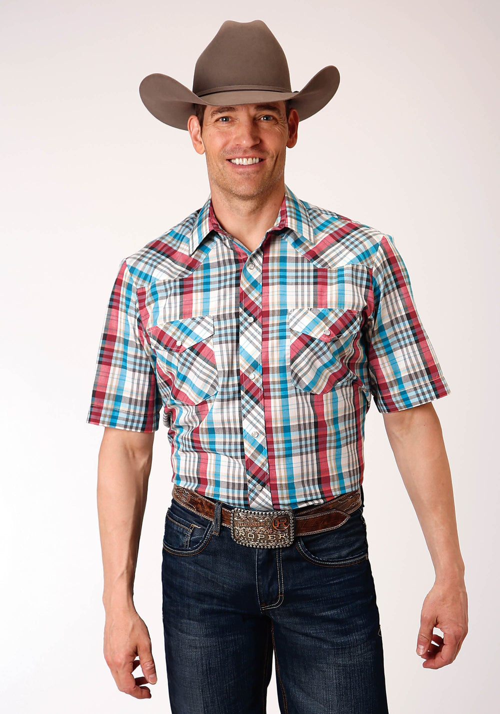 Roper Mens Short Sleeve Snap Cream Turquoise Red Black Plaid Western Shirt - Roper