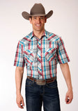 Roper Mens Short Sleeve Snap Cream Turquoise Red Black Plaid Western Shirt - Roper