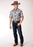 Roper Mens Short Sleeve Snap Cream Turquoise Red Black Plaid Western Shirt - Roper