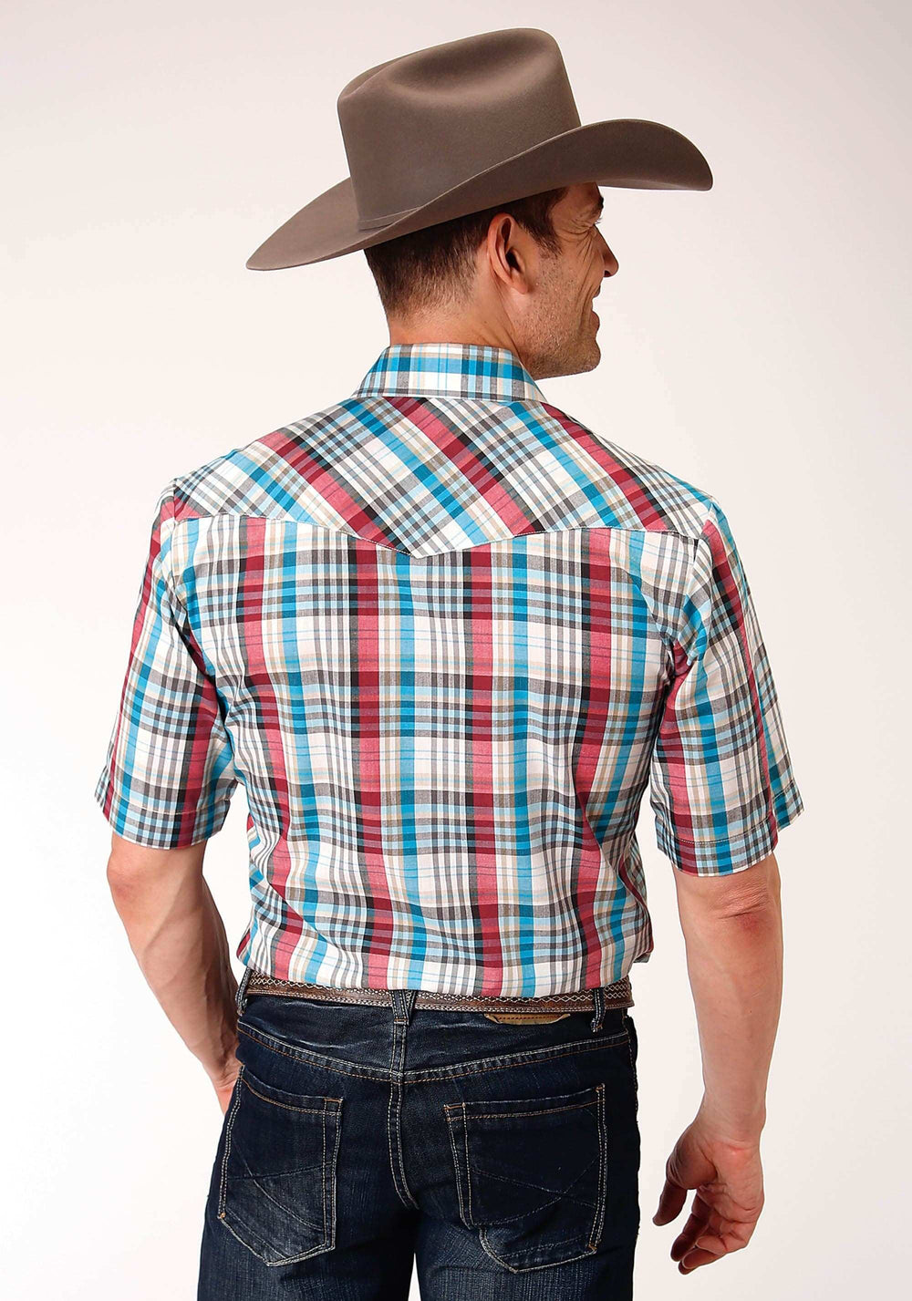 Roper Mens Short Sleeve Snap Cream Turquoise Red Black Plaid Western Shirt - Roper - Flyclothing LLC