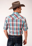 Roper Mens Short Sleeve Snap Cream Turquoise Red Black Plaid Western Shirt - Roper