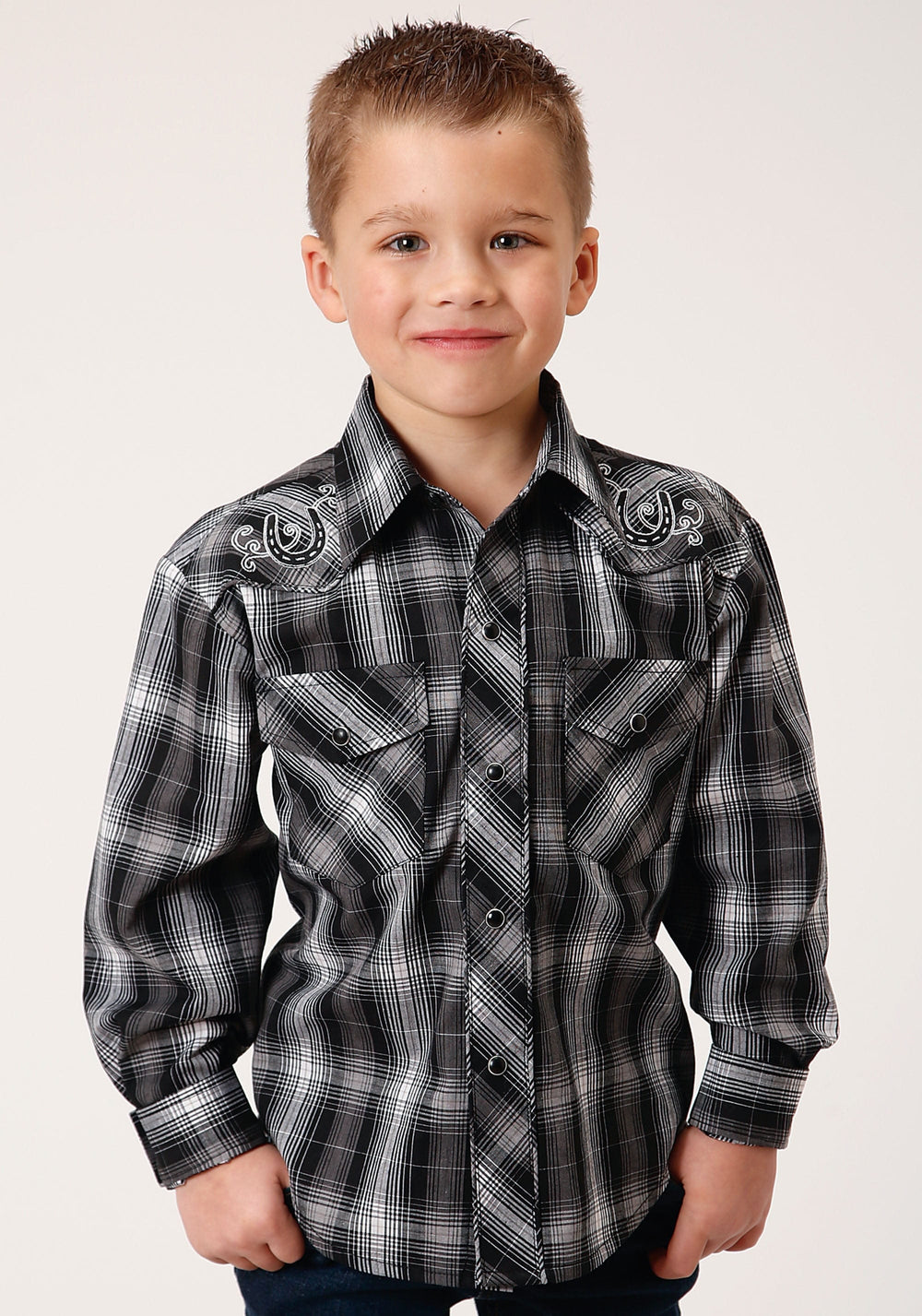 Roper Boys Long Sleeve Snap Black And White Plaid Western Shirt - Roper