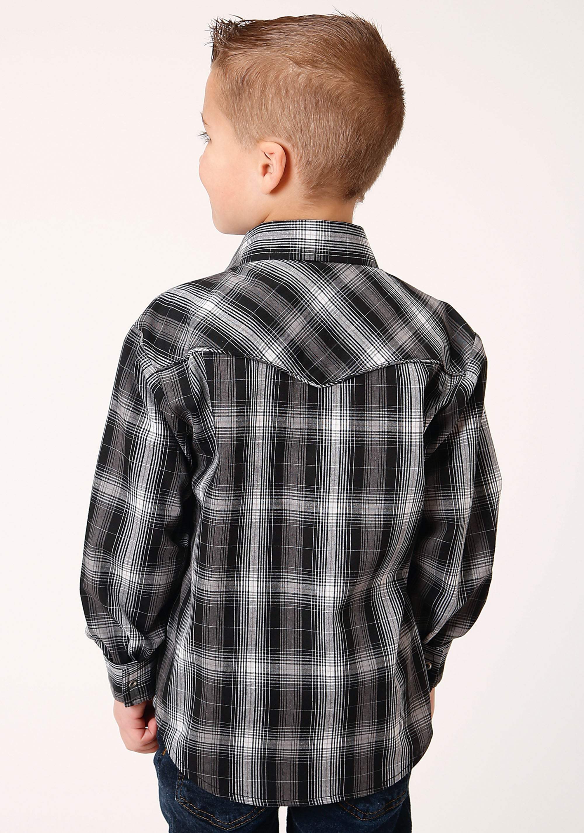Roper Boys Long Sleeve Snap Black And White Plaid Western Shirt - Roper - Flyclothing LLC