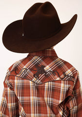 Roper Boys Long Sleeve Snap Rust Brown And Cream Plaid Western Shirt