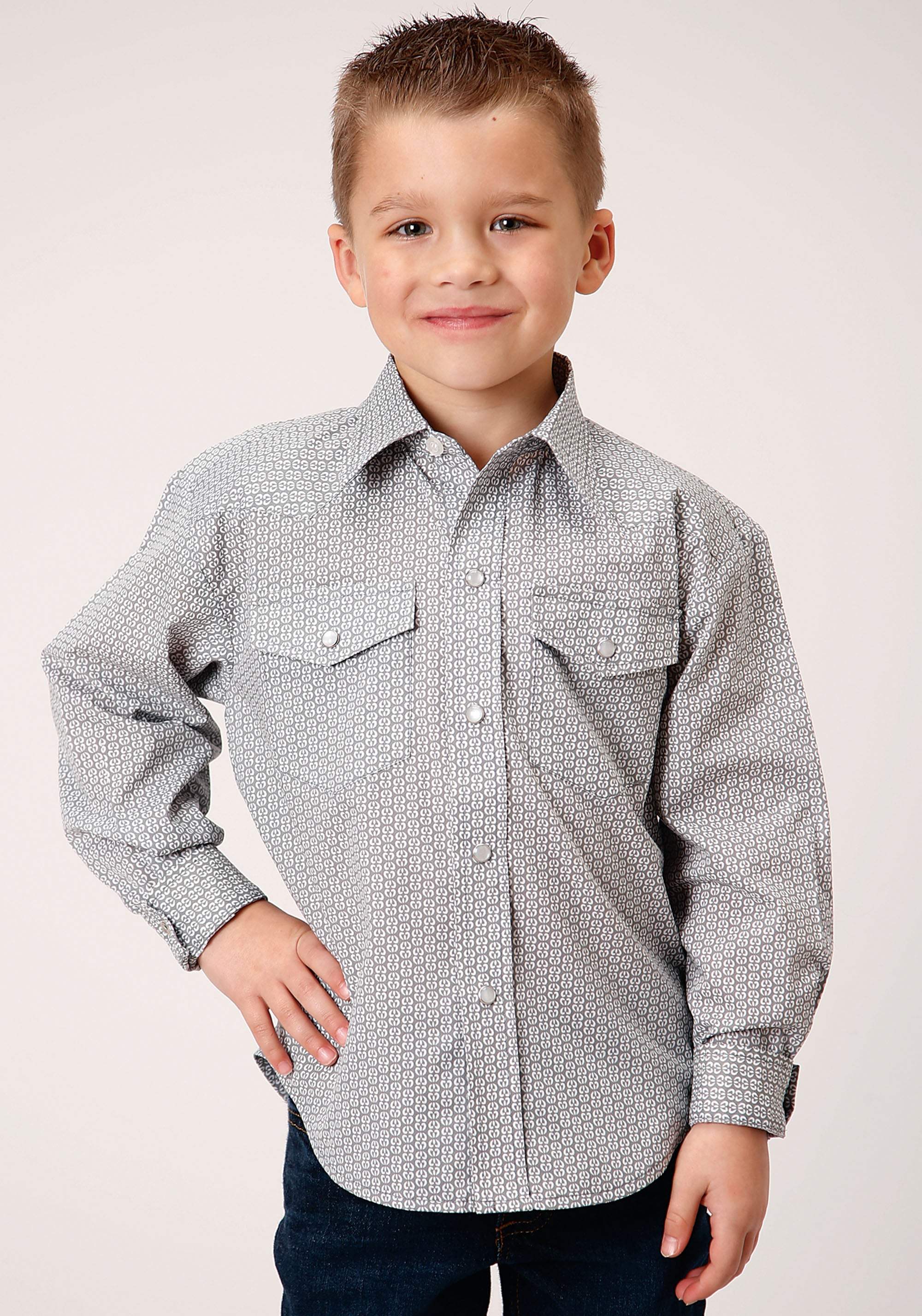 Roper Boys Long Sleeve Snap Grey And White Print Western Shirt - Roper - Flyclothing LLC