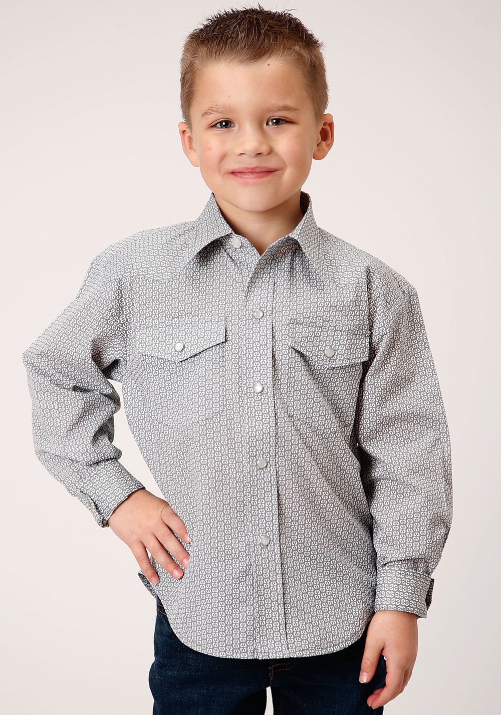 Roper Boys Long Sleeve Snap Grey And White Print Western Shirt - Roper