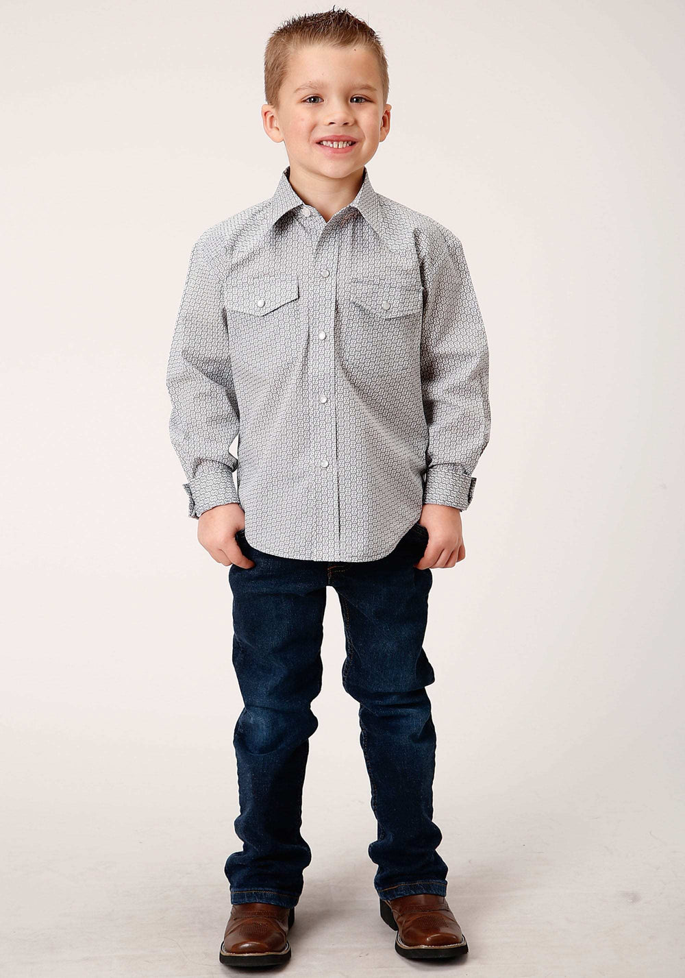 Roper Boys Long Sleeve Snap Grey And White Print Western Shirt - Roper - Flyclothing LLC