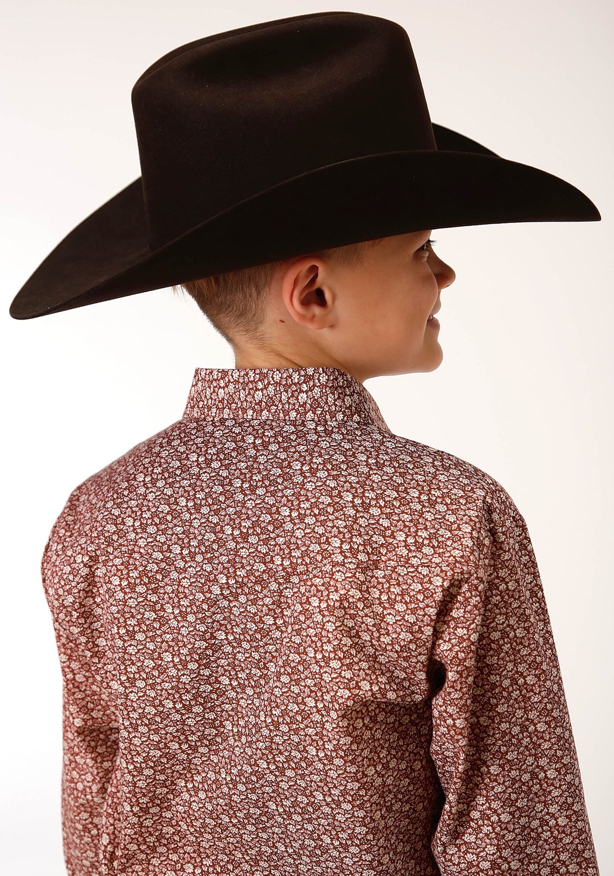 Roper Boys Long Sleeve Snap Red And Cream Vintage Floral Print Western Shirt
