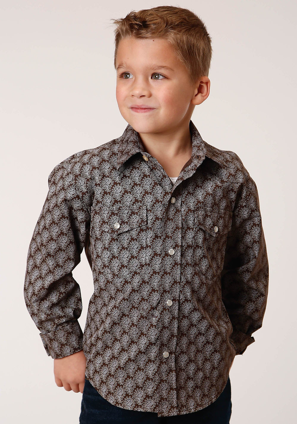 Roper Boys Long Sleeve Snap Chocolate And Cream Tear Drop Print Western Shirt - Roper