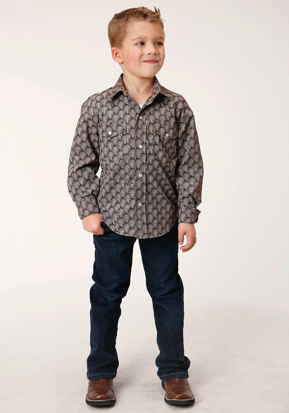 Roper Boys Long Sleeve Snap Chocolate And Cream Tear Drop Print Western Shirt - Roper - Flyclothing LLC