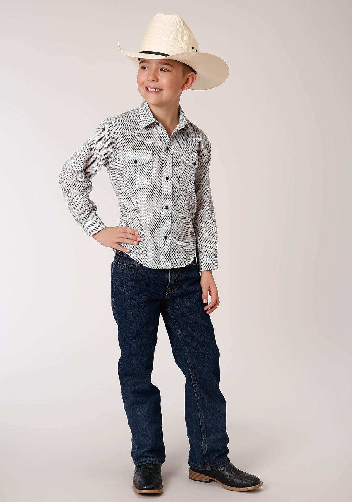Roper Boys Long Sleeve Snap Tiny Black And White Foulard Western Shirt