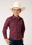 Roper Boys Long Sleeve Snap Brick Red And Cr Wallpaper Stripe Western Shirt - Roper