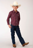 Roper Boys Long Sleeve Snap Brick Red And Cr Wallpaper Stripe Western Shirt - Roper