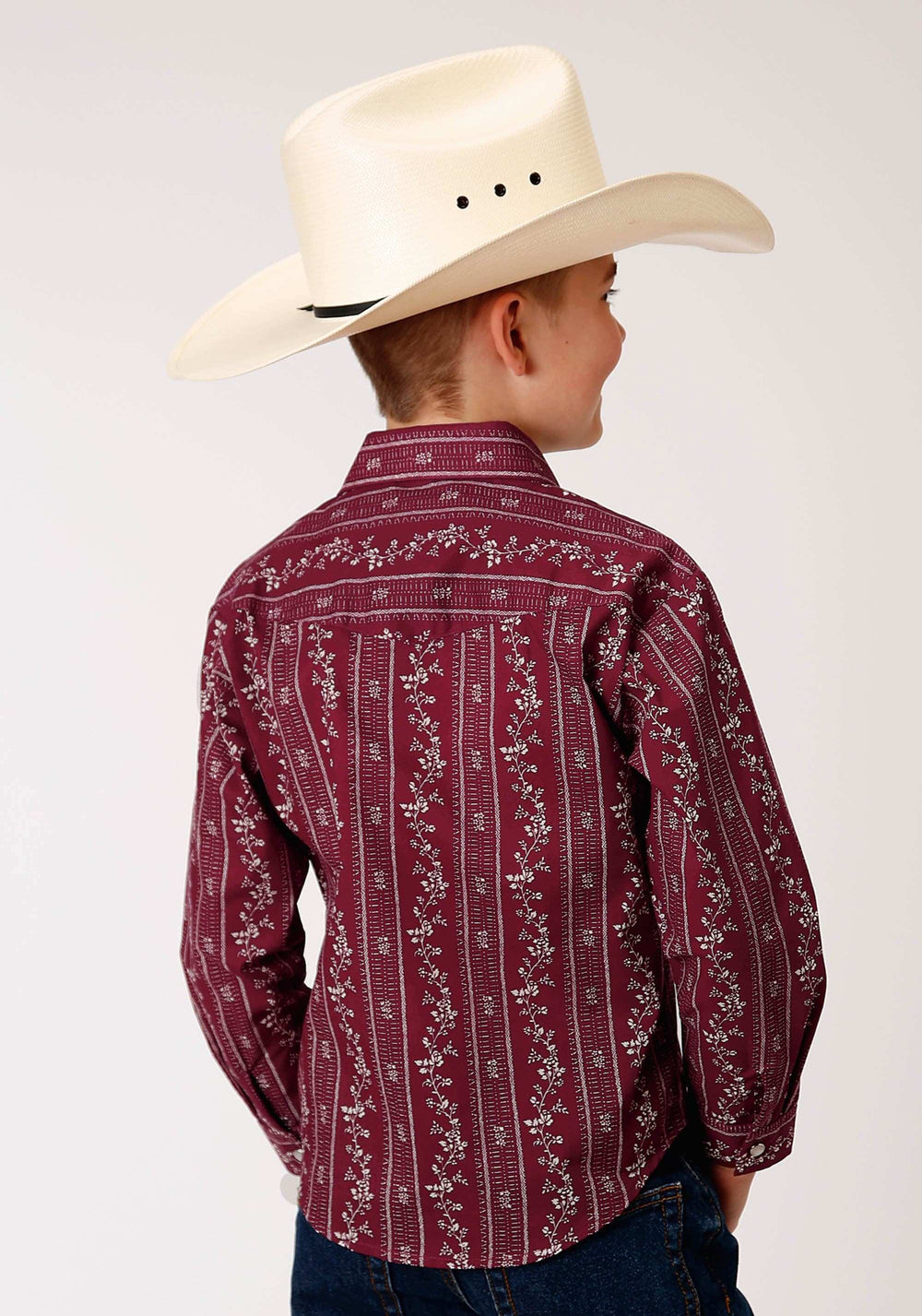 Roper Boys Long Sleeve Snap Brick Red And Cr Wallpaper Stripe Western Shirt - Roper - Flyclothing LLC