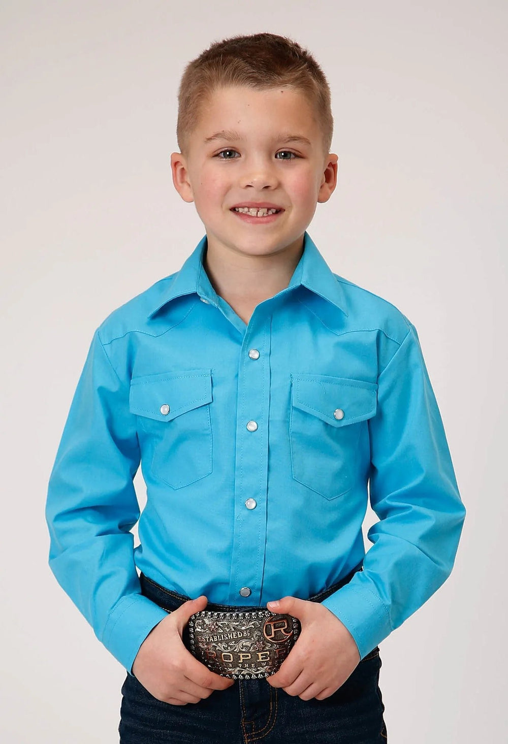 Roper Boys Long Sleeve Snap Solid Broadcloth Turquoise Western Shirt - Roper