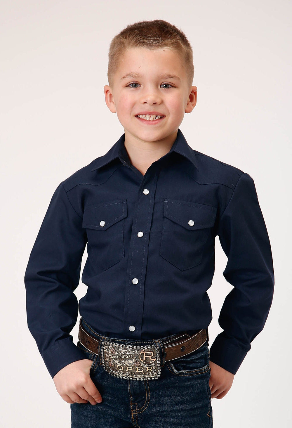 Roper Boys Long Sleeve Snap Solid Broadcloth Navy Western Shirt - Roper