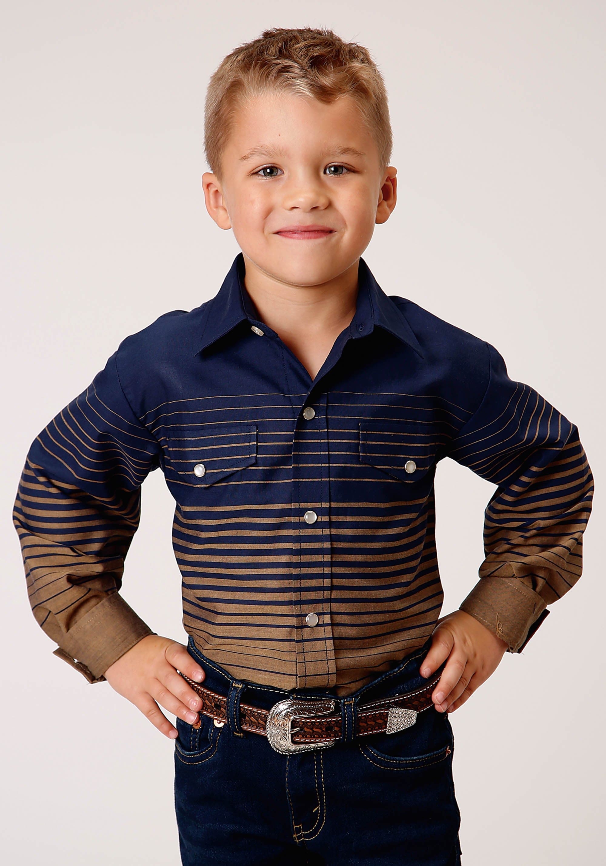 Roper Boys Long Sleeve Snap Navy And Khaki Border Stripe Western Shirt - Roper
