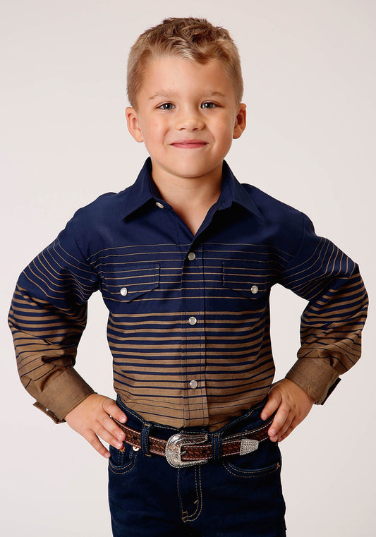 Roper Boys Long Sleeve Snap Navy And Khaki Border Stripe Western Shirt - Roper