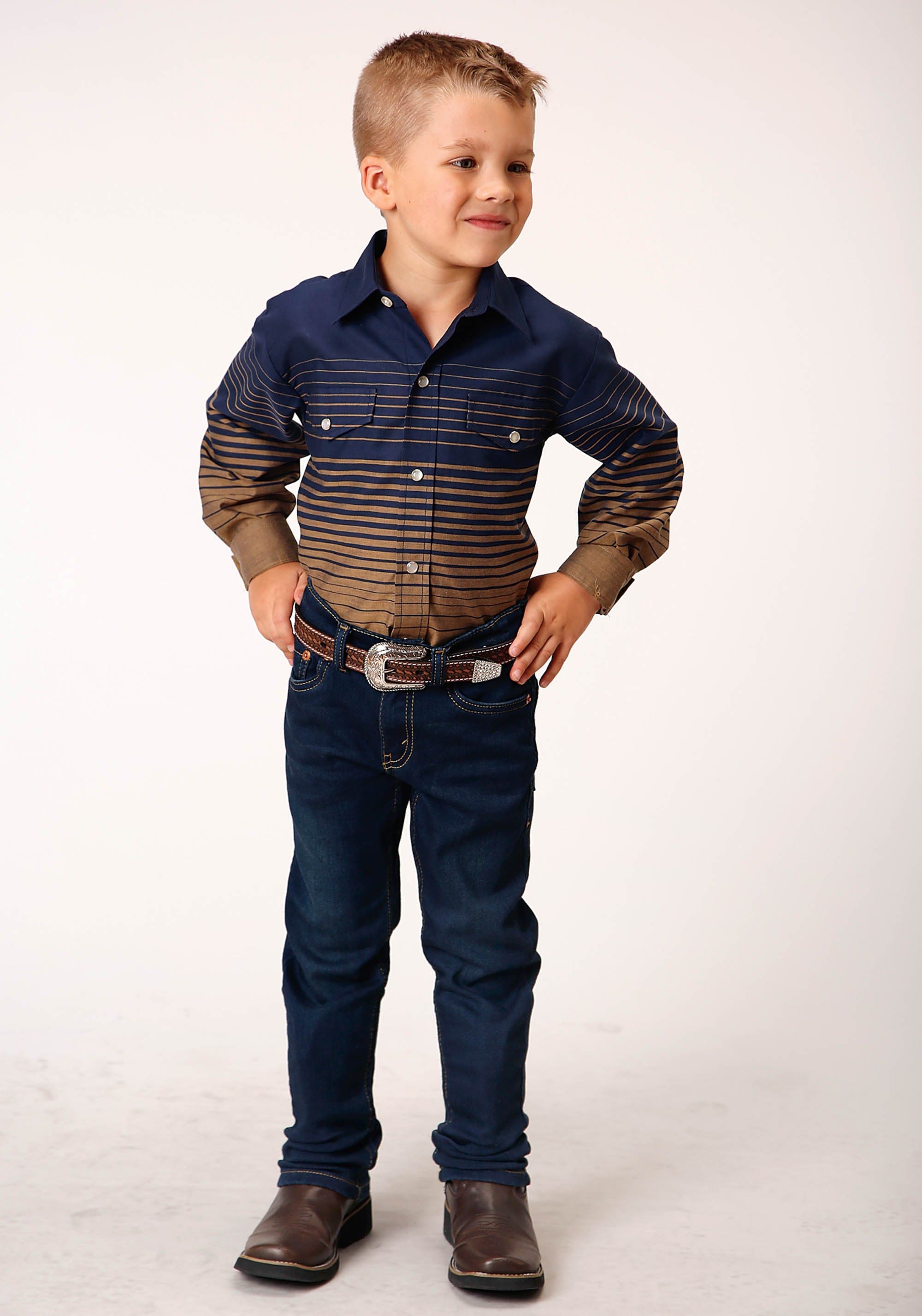 Roper Boys Long Sleeve Snap Navy And Khaki Border Stripe Western Shirt