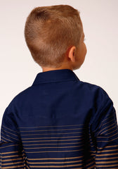 Roper Boys Long Sleeve Snap Navy And Khaki Border Stripe Western Shirt