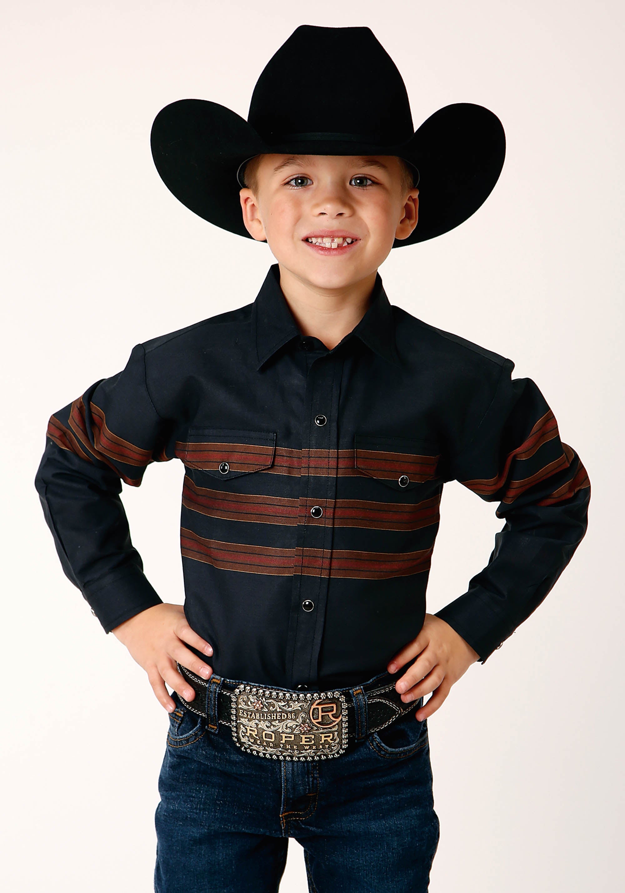 Roper Boys Long Sleeve Snap Black W Saddle Brown Border Stripe Western Shirt