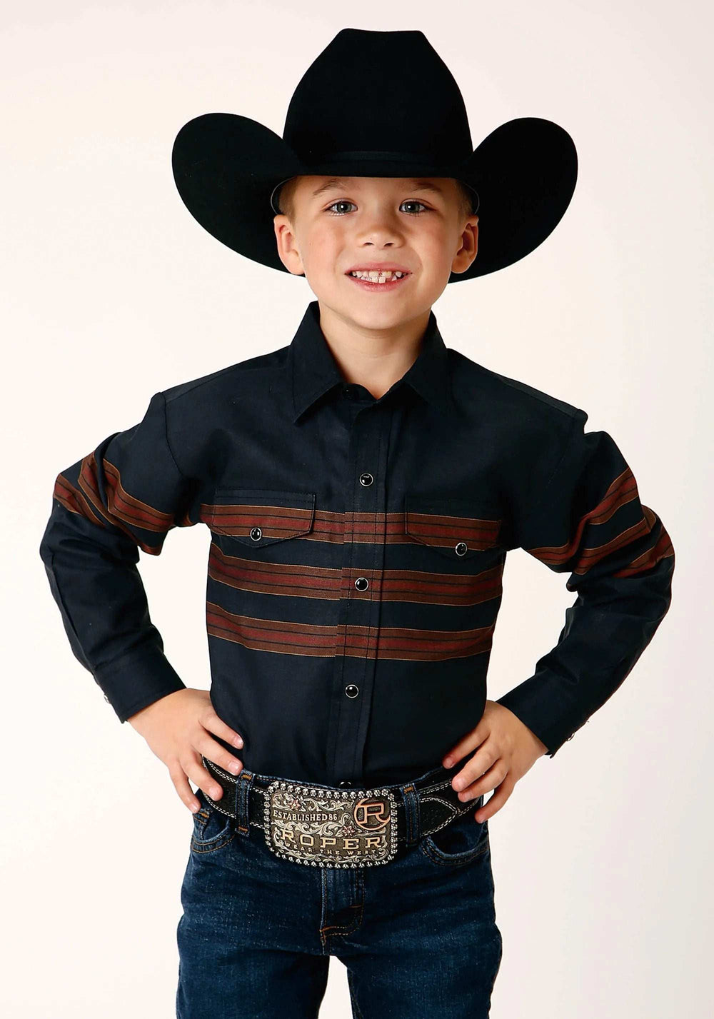 Roper Boys Long Sleeve Snap Black W Saddle Brown Border Stripe Western Shirt - Roper - Flyclothing LLC