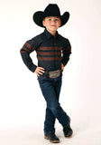 Roper Boys Long Sleeve Snap Black W Saddle Brown Border Stripe Western Shirt - Roper - Flyclothing LLC
