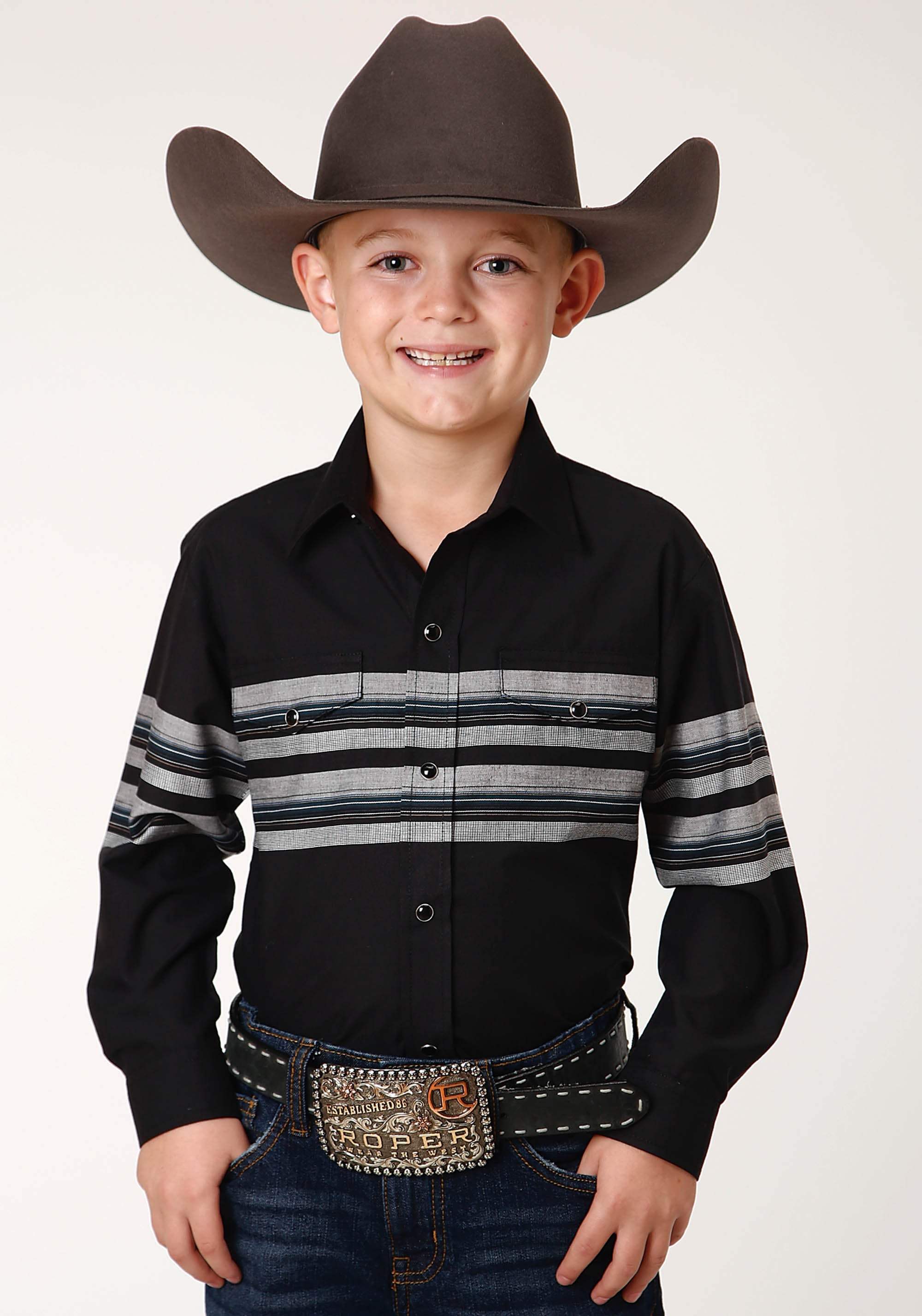 Roper Boys Long Sleeve Snap Black And Grey Border Stripe Western Shirt - Roper - Flyclothing LLC