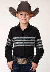 Roper Boys Long Sleeve Snap Black And Grey Border Stripe Western Shirt