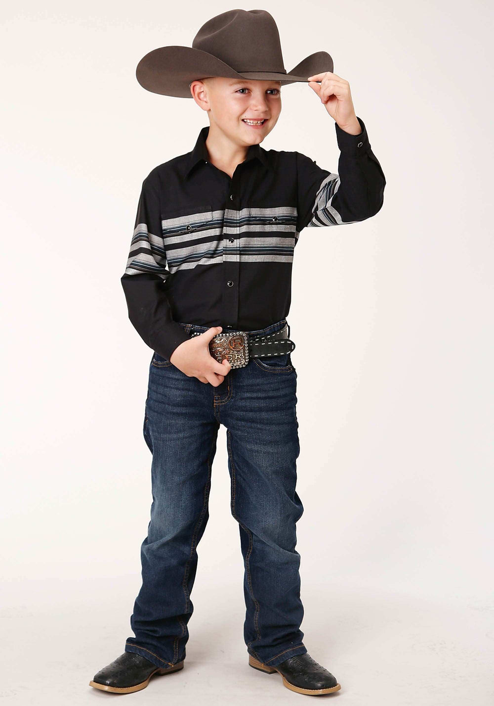 Roper Boys Long Sleeve Snap Black And Grey Border Stripe Western Shirt - Roper - Flyclothing LLC