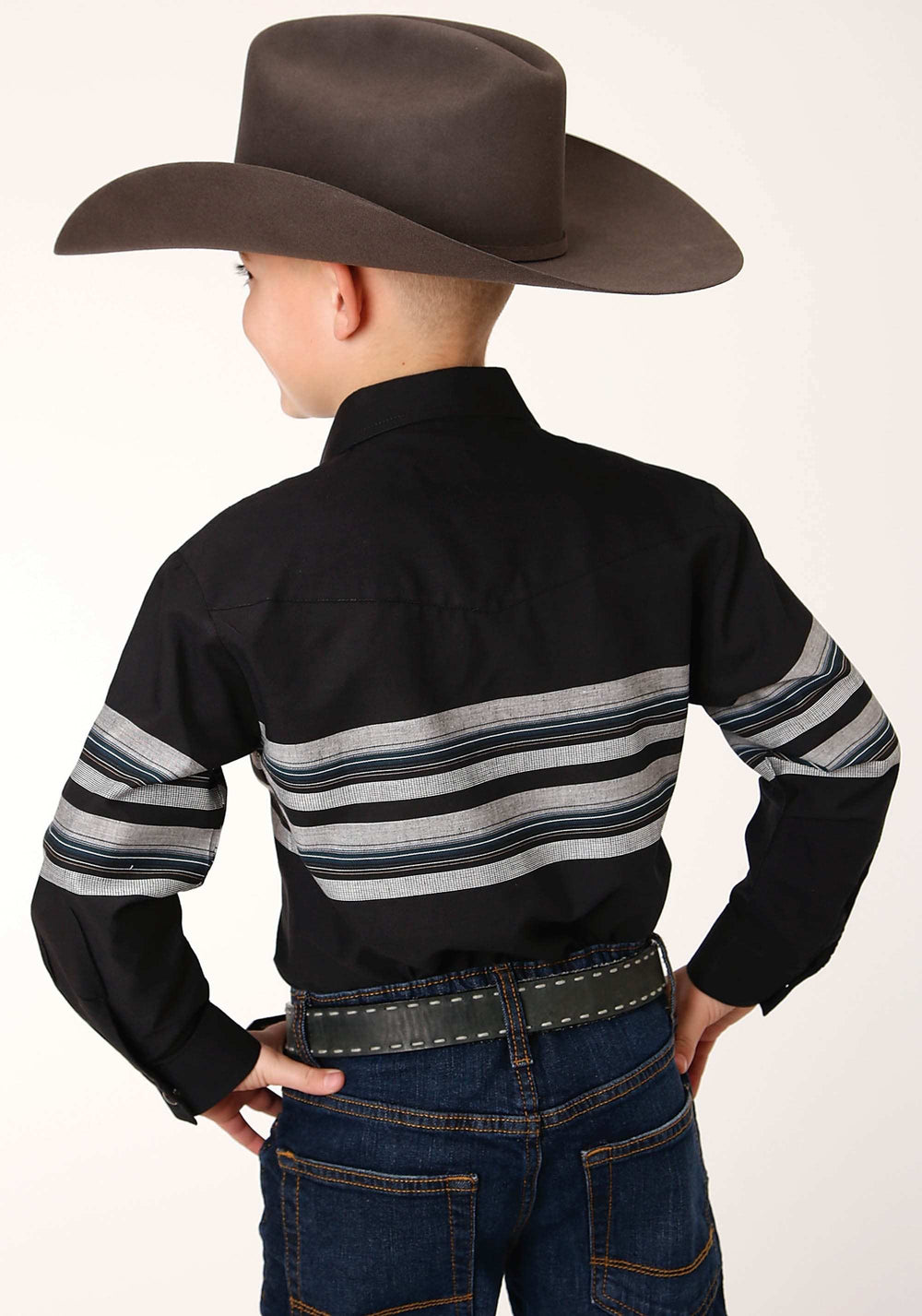 Roper Boys Long Sleeve Snap Black And Grey Border Stripe Western Shirt - Roper - Flyclothing LLC