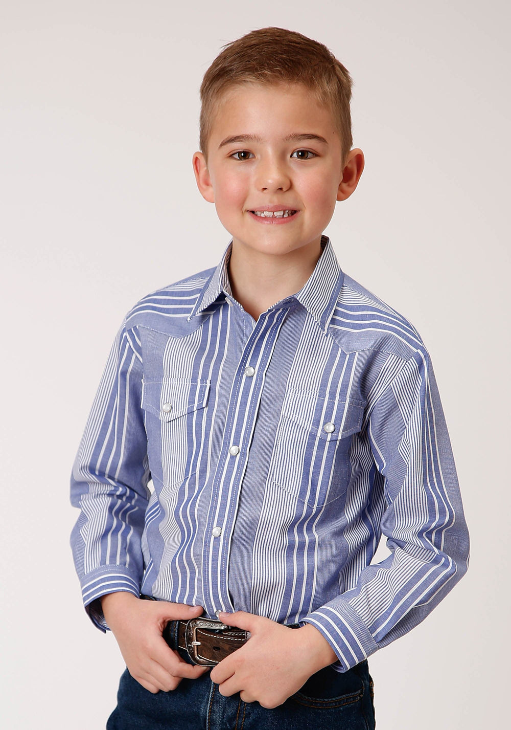 Roper Boys Long Sleeve Snap Blue And White Wide Stripe Western Shirt - Roper