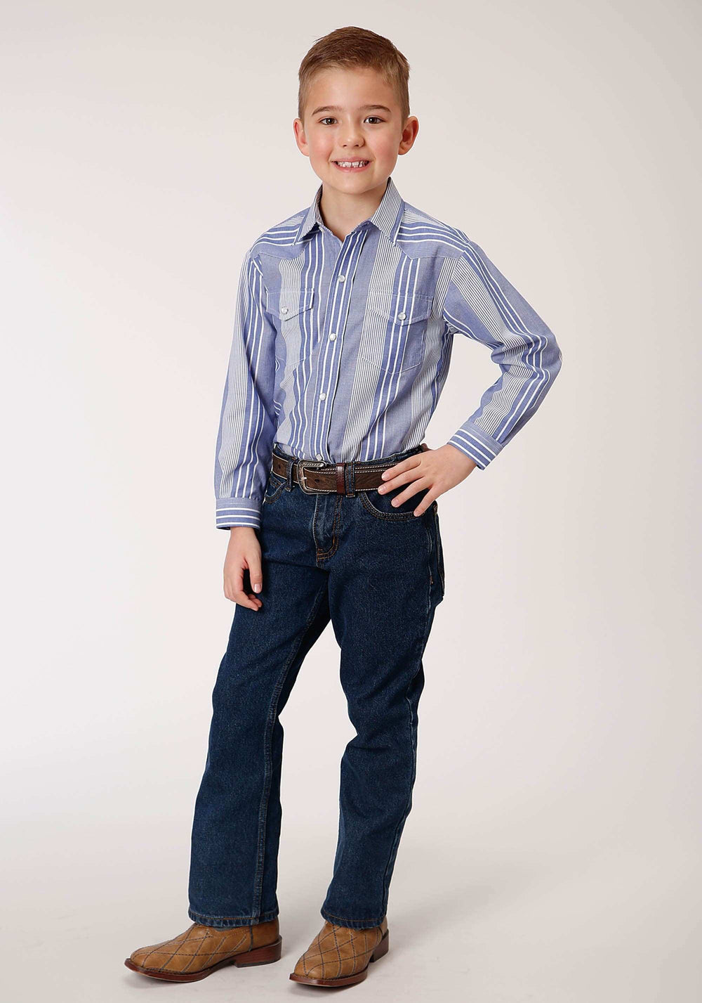 Roper Boys Long Sleeve Snap Blue And White Wide Stripe Western Shirt - Roper - Flyclothing LLC