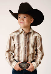 Roper Boys Long Sleeve Snap Brown And Cream Ombre Stripe Western Shirt